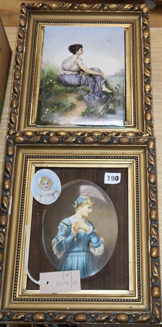 Three Continental porcelain plaques and a miniature Largest W.17.5cm, H.25cm